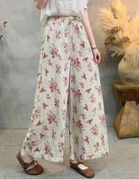 Casual Floral Wide Leg Pants – Elastic Waist Boho Loose Fit Trousers