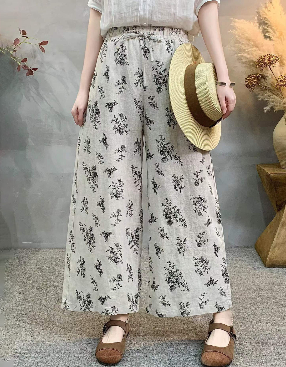 Women’s Summer Floral Pants – Lightweight Linen Wide Leg Trousers