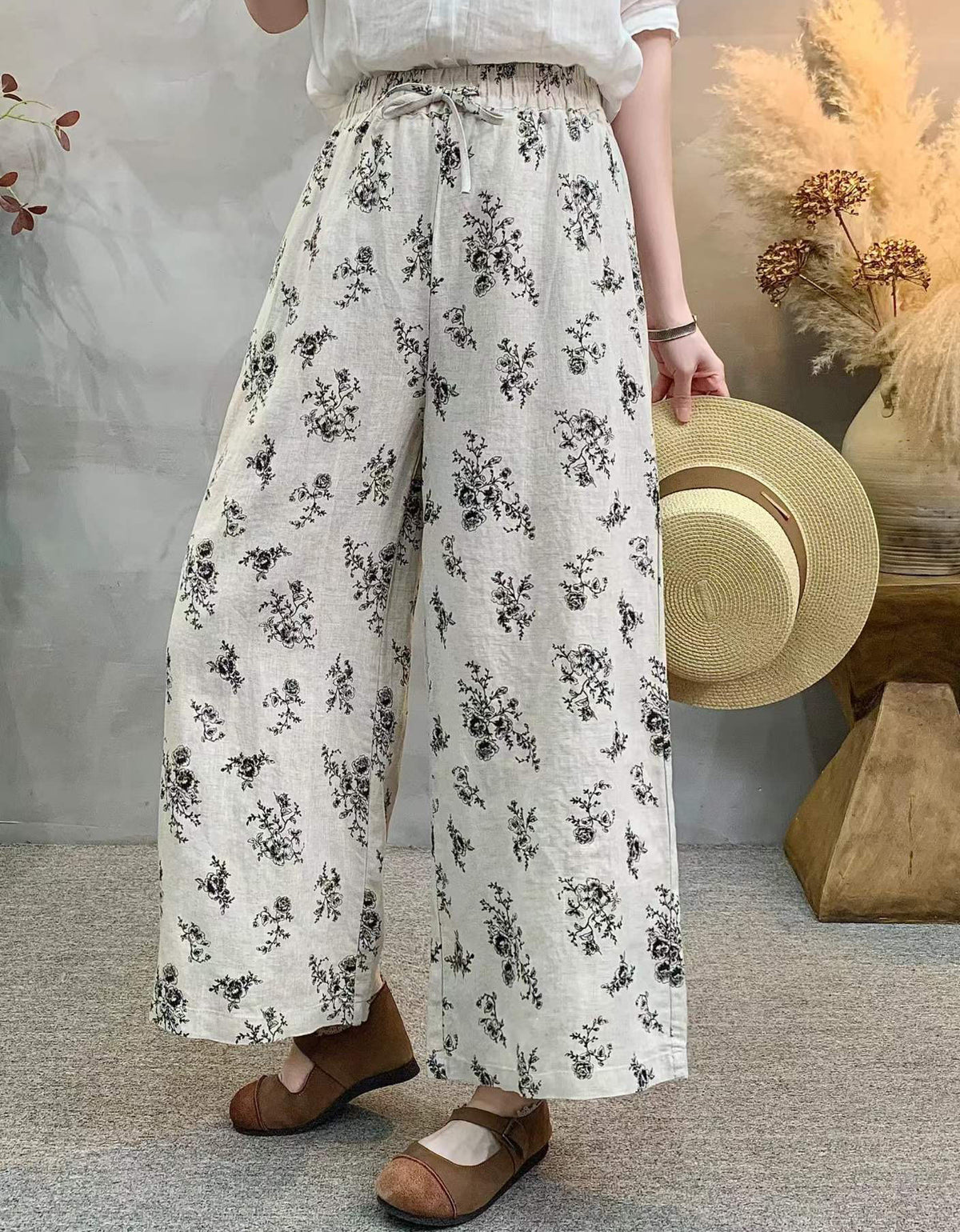 Women’s Linen Blend Floral Pants – Relaxed Fit Wide Leg Summer Wear