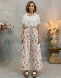 Boho Floral Print Wide Leg Pants – Women’s Elastic Waist Linen Trousers