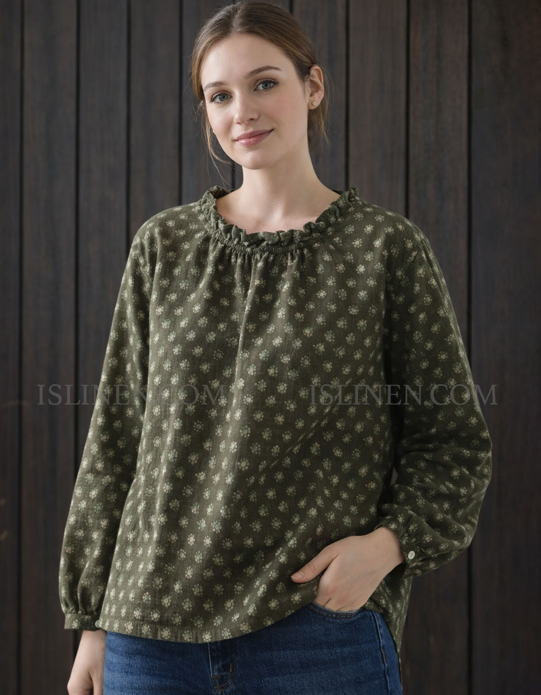 Relaxed fit botanical print linen blouse women