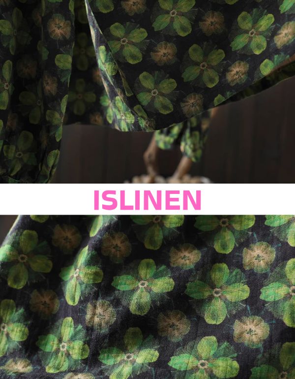 Close-up of relaxed fit botanical print linen blouse women