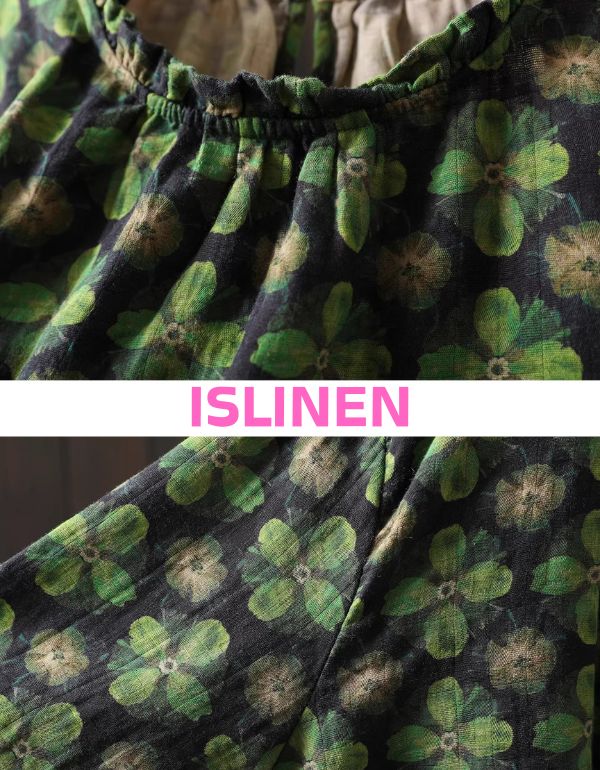 Gathered round neckline floral linen shirt