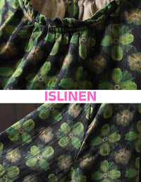 Gathered round neckline floral linen shirt