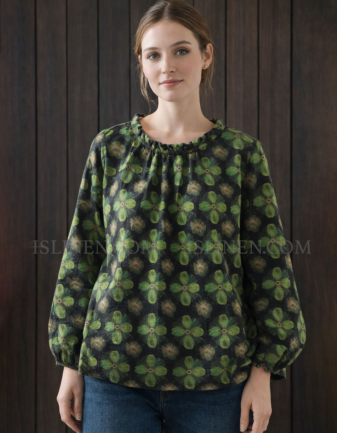 Women’s green floral linen loose fit blouse front view