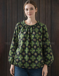 Women’s green floral linen loose fit blouse front view