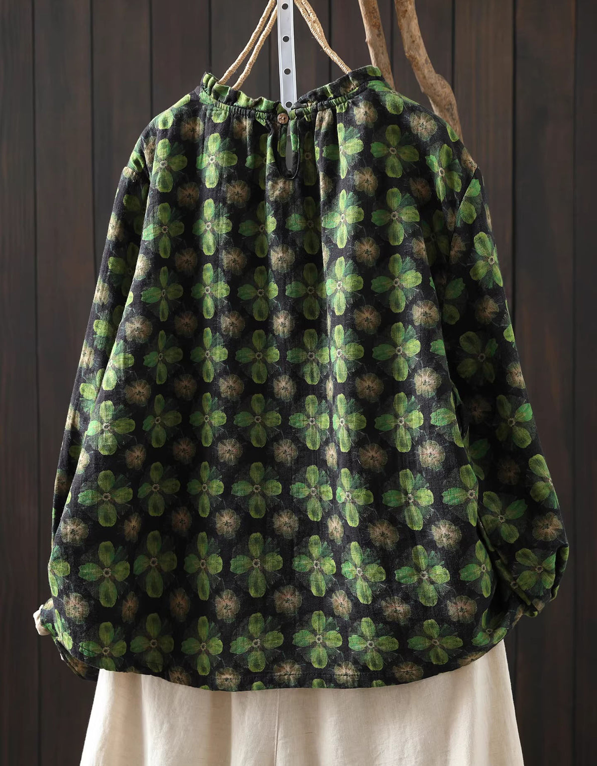 Oversized floral linen long sleeve top back view