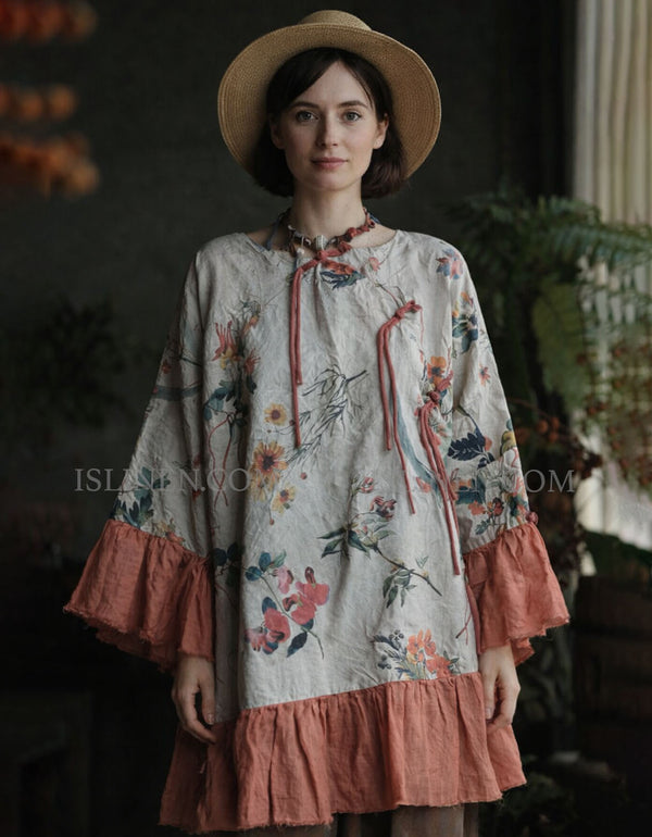 Vintage Floral Embroidered Linen Dress for Women