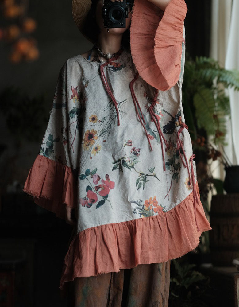 Floral Print Boho Linen Dress with Ruffled Hem