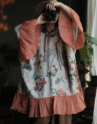 Boho Chic Floral Linen Dress with Drawstring Detail