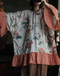 Casual Summer Floral Linen Dress with Ruffle Sleeves
