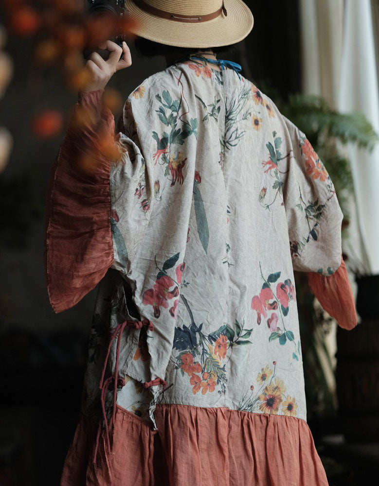 Back view of casual Summer Floral Linen Dress with Ruffle Sleeves