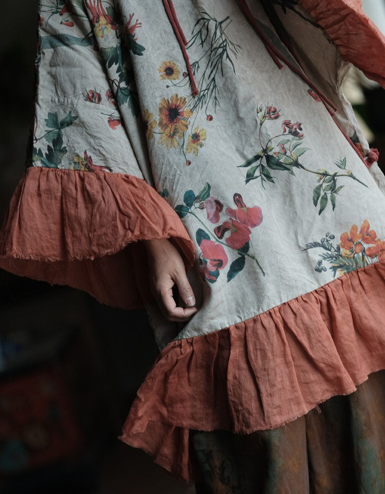 Floral embroidered linen dress for women in neutral tones