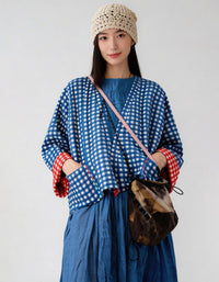 woman wearing red gingham cotton cardigan kimono style