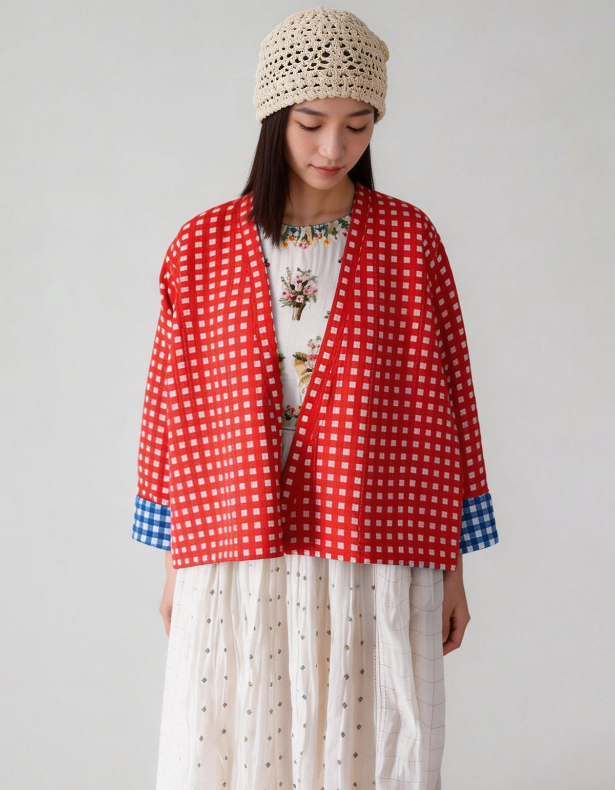 reversible cotton cardigan red check pattern front view