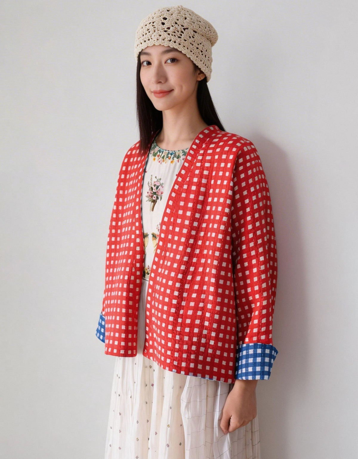 reversible checkered jacket women red kimono cardigan
