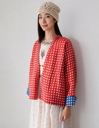 reversible checkered jacket women red kimono cardigan