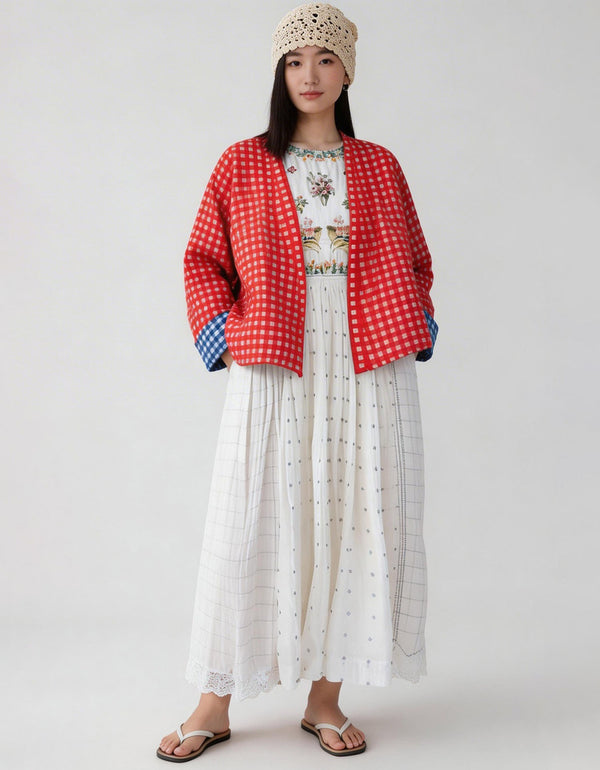 lightweight red checkered cardigan women casual outfit