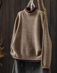 women’s khaki knitted sweater front view with ribbed turtleneck
