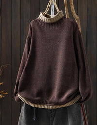women’s coffee knitted sweater front view with ribbed turtleneck
