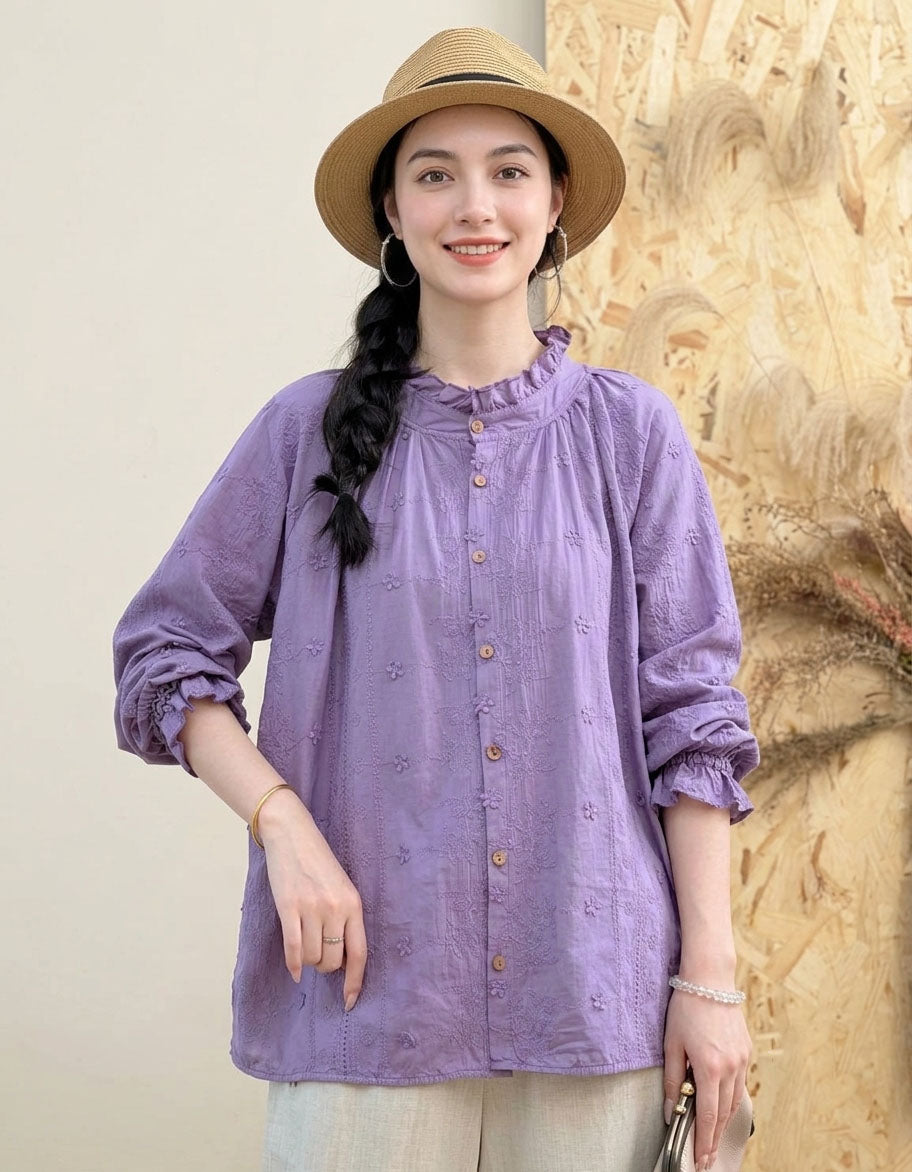 Women's Embroidered Cotton Linen Blouse – Vintage Loose Fit Long Sleeve Top