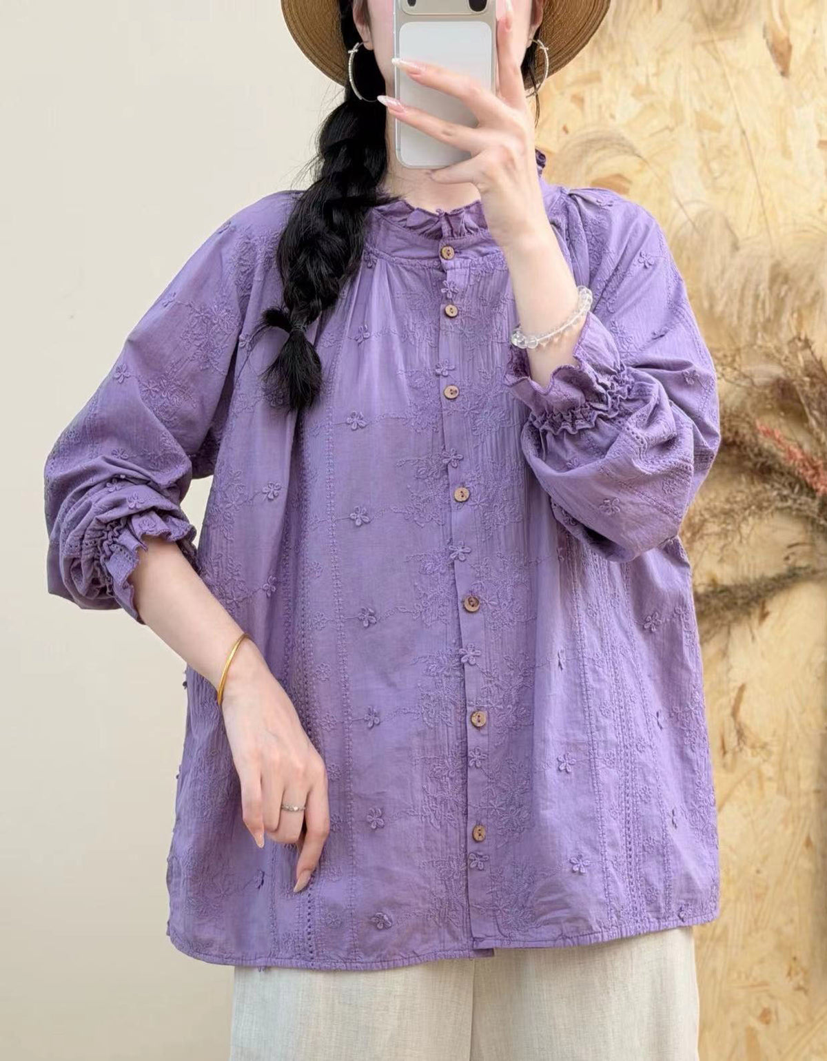 Vintage Cotton Linen Embroidered Shirt – Women's Relaxed Fit Blouse