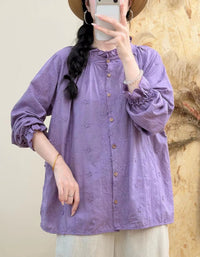 Vintage Cotton Linen Embroidered Shirt – Women's Relaxed Fit Blouse