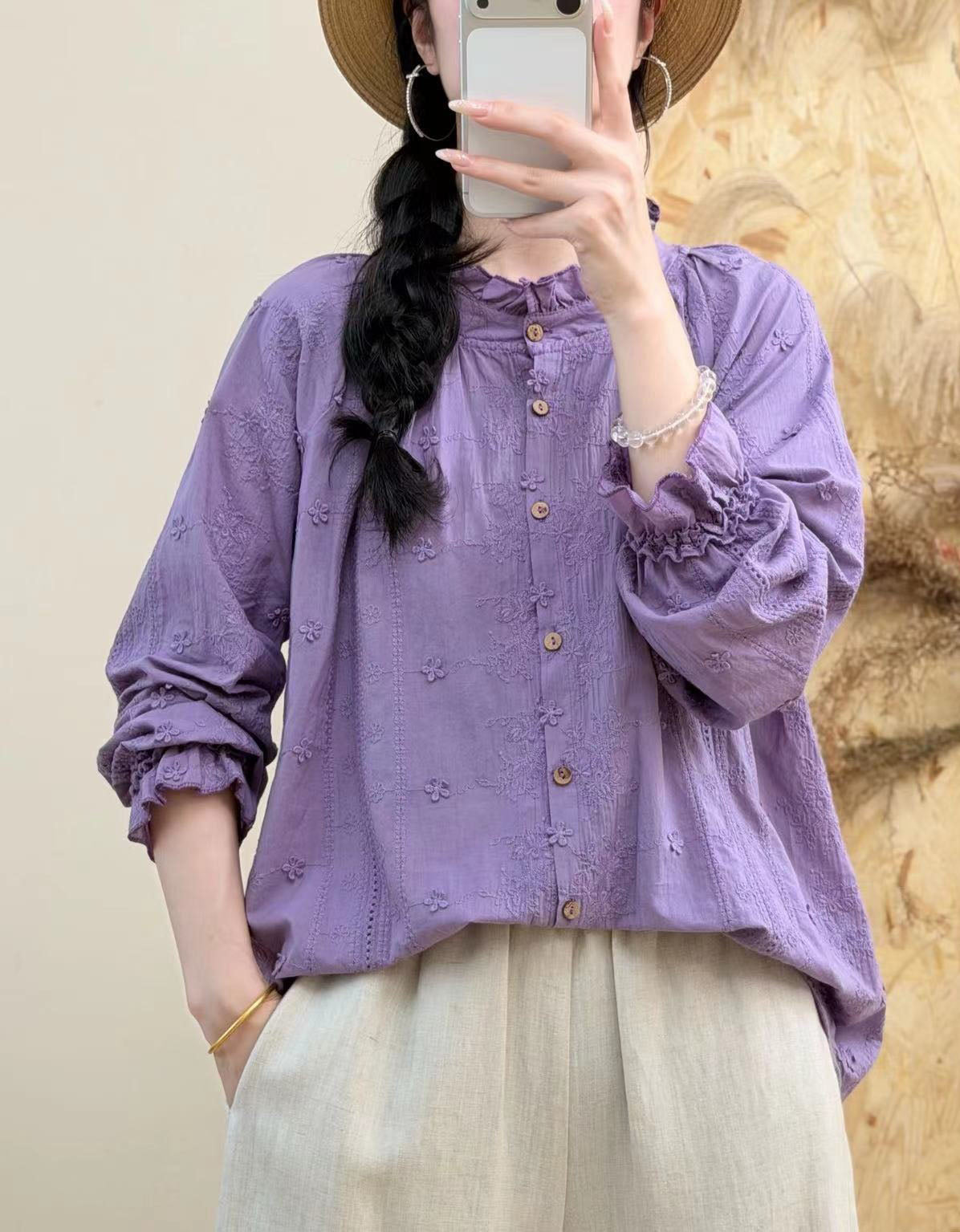 Bohemian Embroidered Cotton Blouse – Women's Loose Casual Top