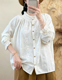 Vintage Floral Embroidered Blouse for Women – Relaxed Cotton Linen Shirt