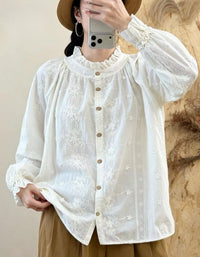 Women's Floral Embroidered Boho Blouse – Lightweight Cotton Linen Top