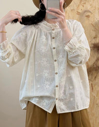 Women's Boho Embroidered Blouse – Loose Cotton Linen Button-Up Top