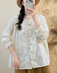 Women's Cottagecore Embroidered Blouse – Vintage Button Front Shirt