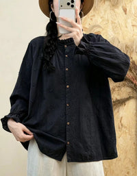 Women's Long Sleeve Embroidered Linen Blend Blouse – Casual Vintage Shirt