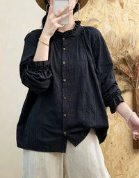 Women's Relaxed Cotton Linen Shirt – Embroidered Long Sleeve Blouse