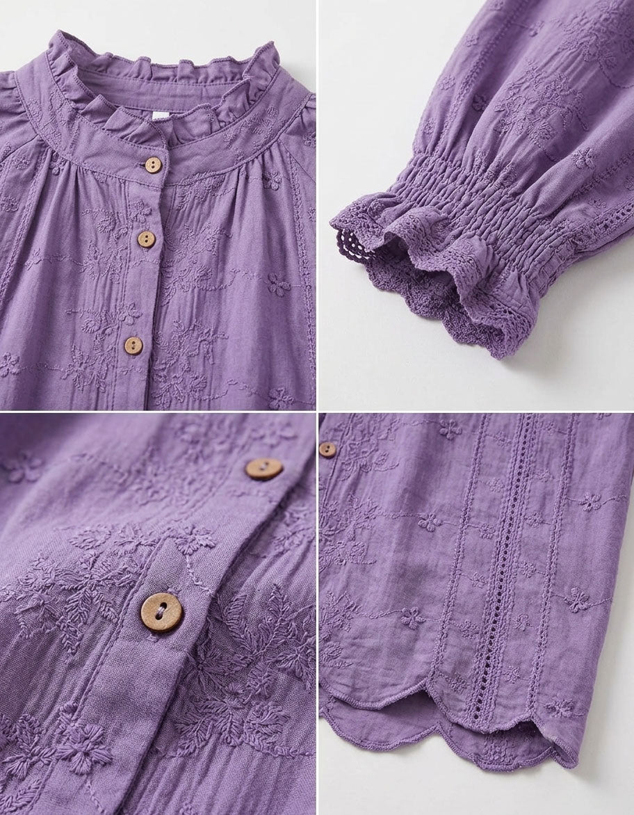 Women's Vintage Lavender Embroidered Blouse – Elegant Long Sleeve Shirt