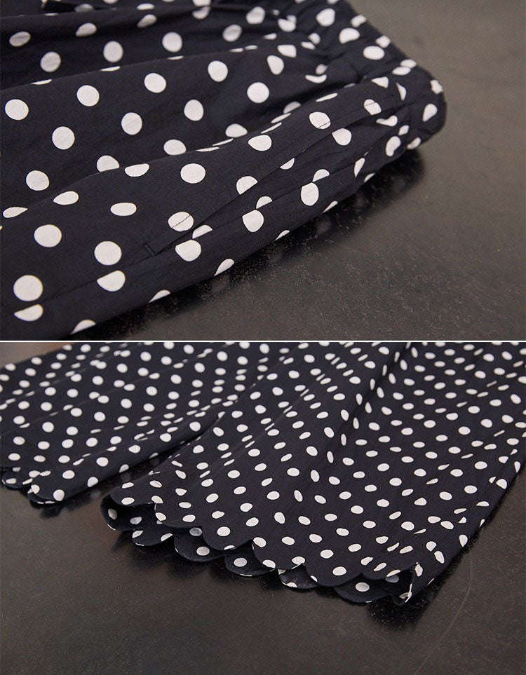 Close-up comfortable women’s linen pants with classic polka dot pattern