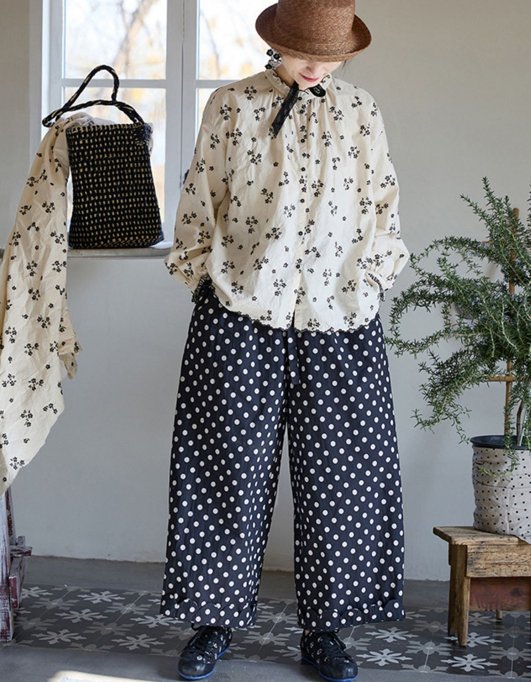 Vintage style navy polka dot wide leg linen pants for casual wear