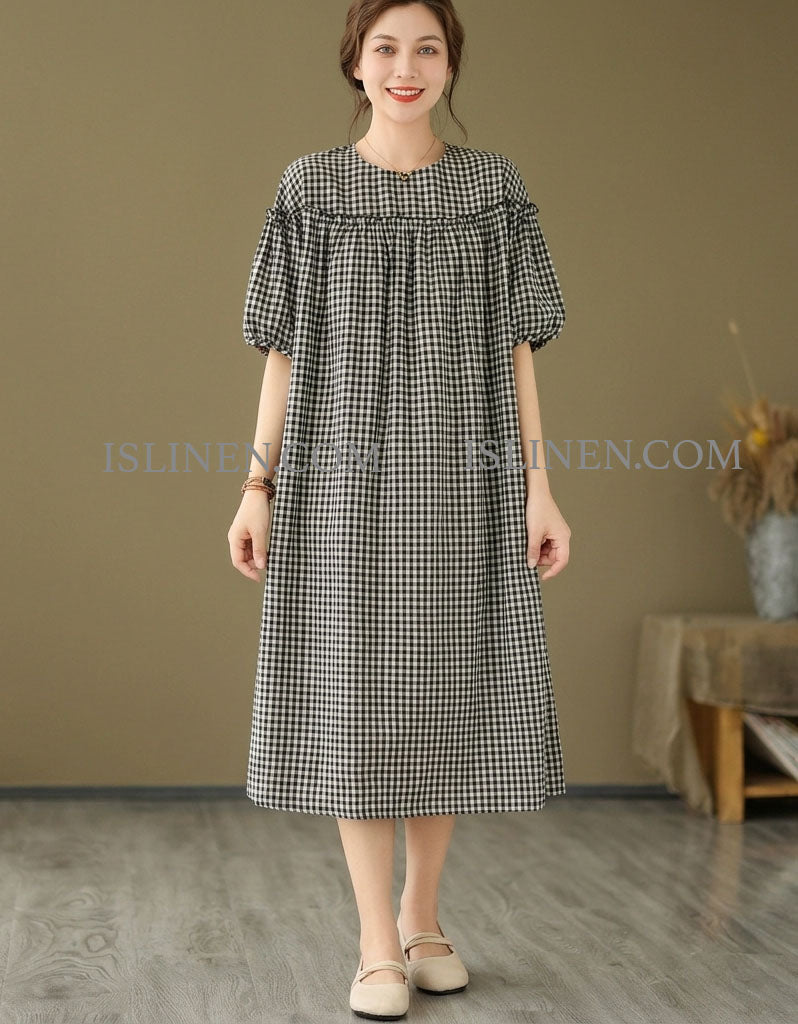 Women’s Gingham Midi Dress – Vintage Plaid Loose Fit Cotton Casual Dress