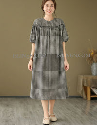 Women’s Gingham Midi Dress – Vintage Plaid Loose Fit Cotton Casual Dress