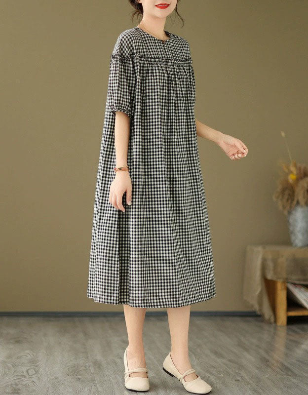 Black & White Checkered Dress – Casual Loose Fit Midi Dress with Puff Sleeves