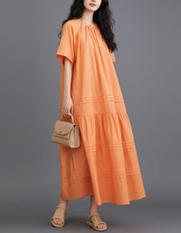 Women’s Casual Orange A-Line Cotton Maxi Dress Loose