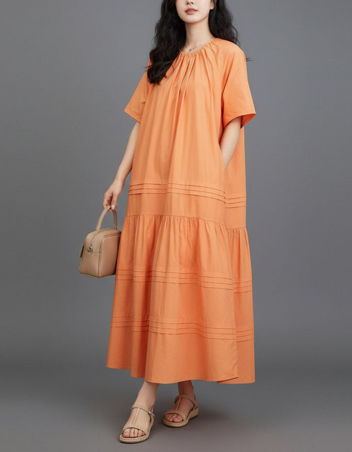 Boho Orange Cotton Maxi Dress Loose Fit for Women