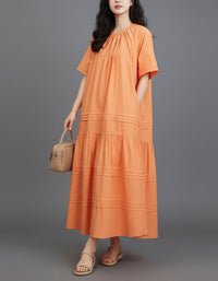 Boho Orange Cotton Maxi Dress Loose Fit for Women