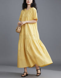 Boho Yellow Cotton Maxi Dress Loose Fit for Women