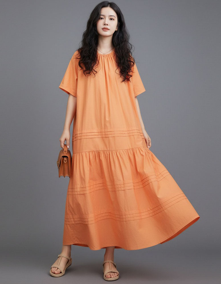 Women’s Oversized Orange Cotton Maxi Dress Summer Casual