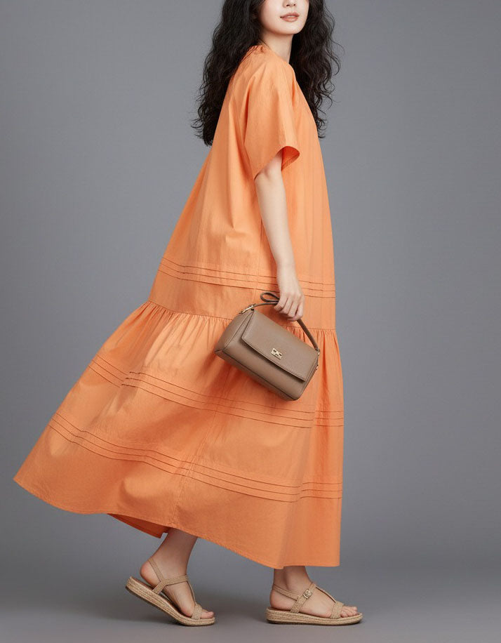 Vintage Orange Cotton Maxi Dress for Women Summer Wear