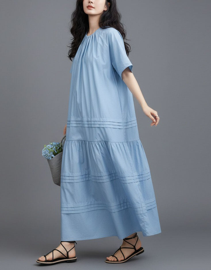Boho Blue Cotton Maxi Dress Loose Fit for Women