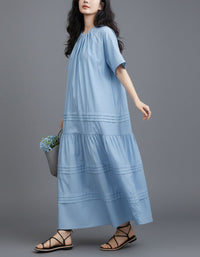 Boho Blue Cotton Maxi Dress Loose Fit for Women