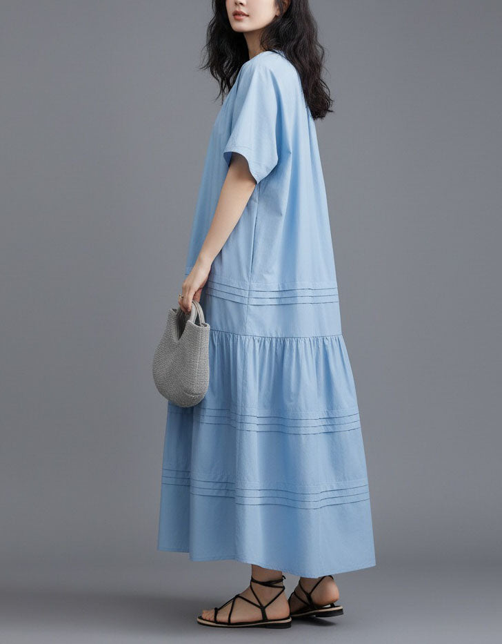 Women’s Casual Blue A-Line Cotton Maxi Dress Loose