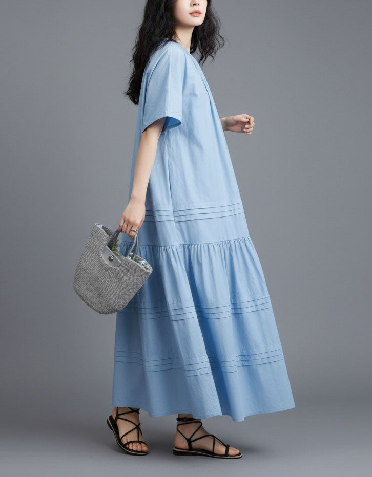 Women’s Loose Fit Blue Cotton Dress with Flowy Hem